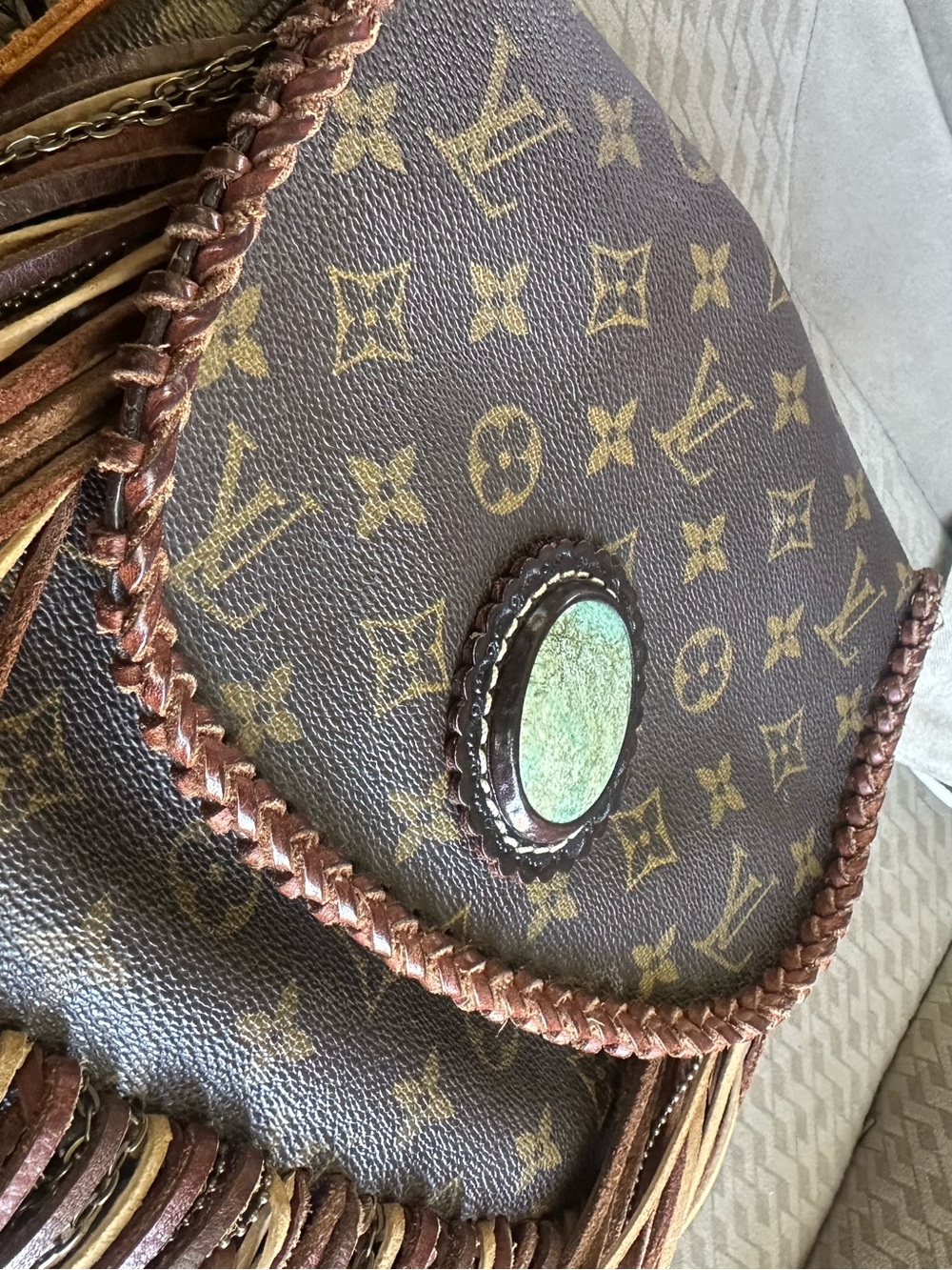 Louis Vuitton Brown Monogram Fringe Crossbody with genuine Turquoise Accent - Picture 5 of 12